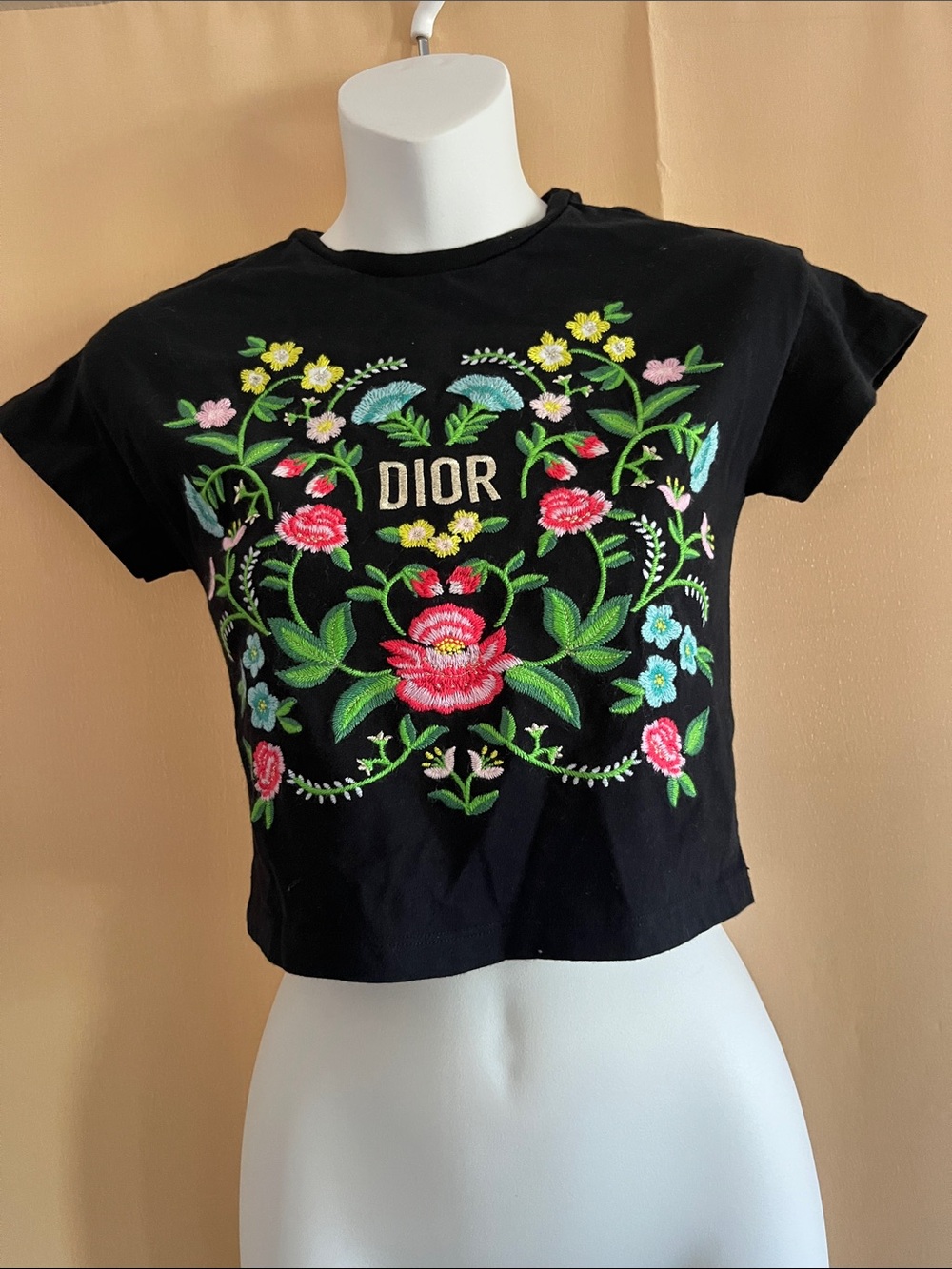 Dior Black Floral Embroidered Tee with Multicolor Blooms